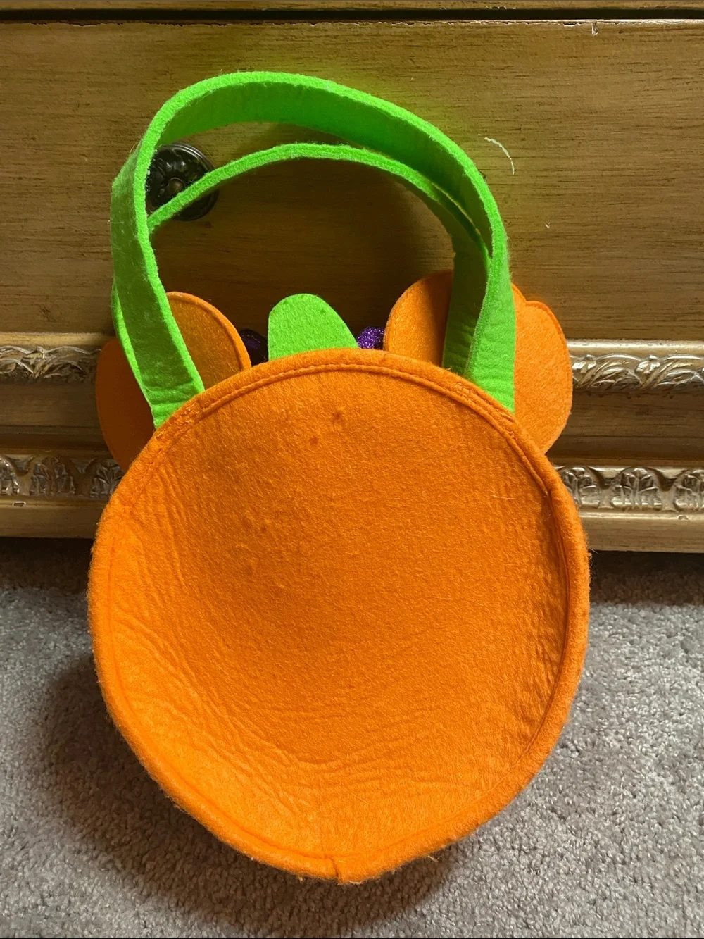 Disney Orange Pumpkin Minnie Trick-or-Treat Bag with Purple Bow and Green Handle